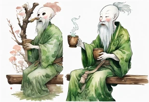 a kodama with a long moss beard wearing a medieval tunic drinking from a wood cup, sitting on a bench laughing tattoo idea