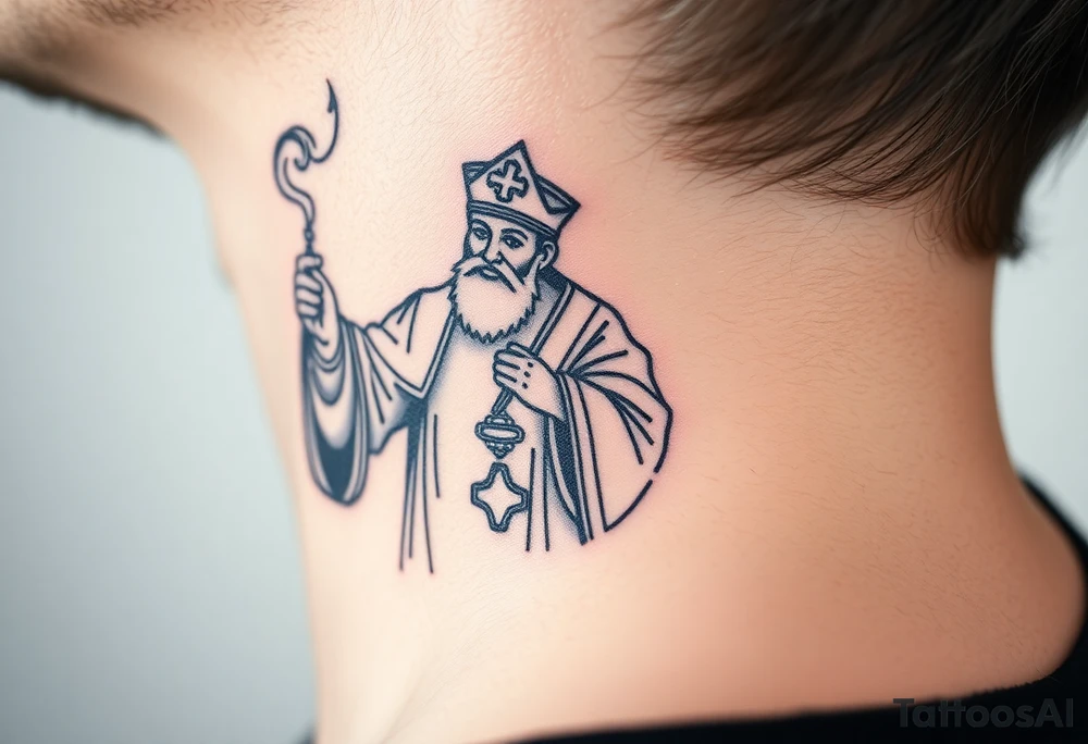 Russian Orthodox Priest in a fully detailed gold vestment swinging a censer with smoke curling upward tattoo idea