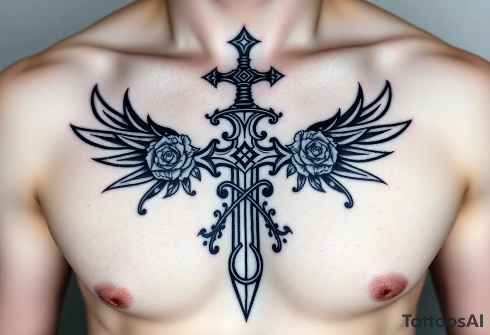 A gothic cross with a sword tip on the bottom going through an infinity sign and has roses and vines growing around and wings on the sides tattoo idea