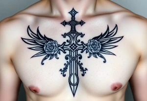 A gothic cross with a sword tip on the bottom going through an infinity sign and has roses and vines growing around and wings on the sides tattoo idea
