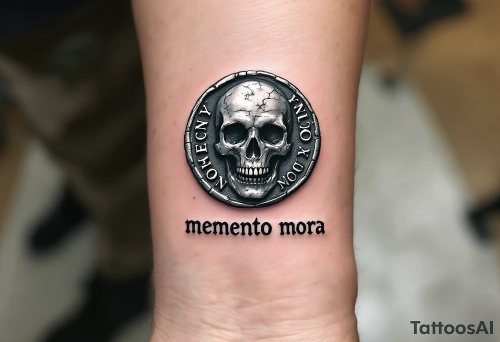 A Roman coin with a skull embossed in silver, the inscription "memento mori" in rough gray Latin lettering beneath it. tattoo idea