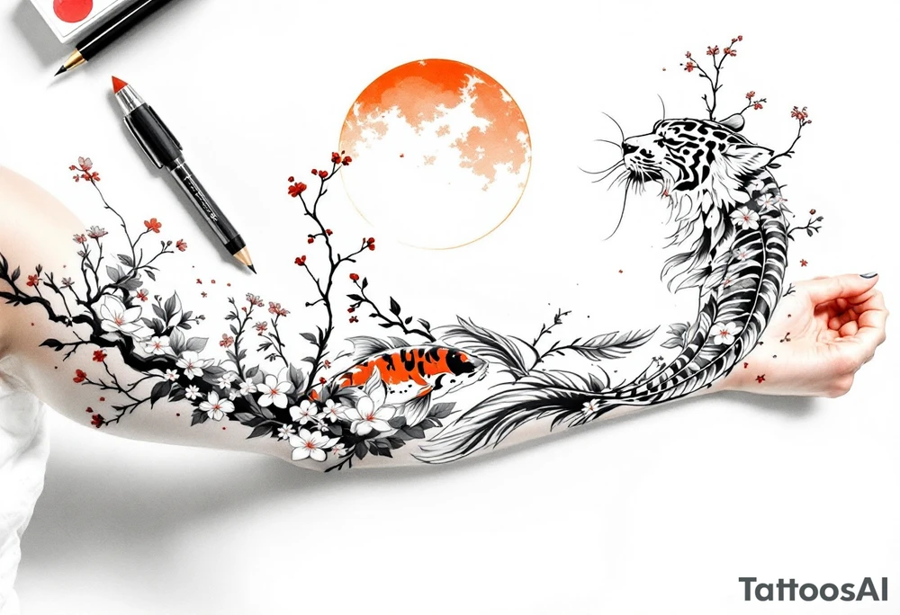 Full arm sleeve, Koi fish, tiger, the sun, cherry blossom filler tattoo idea