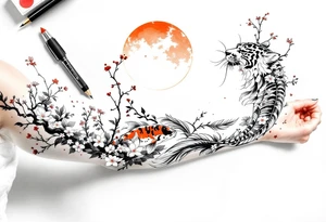 Full arm sleeve, Koi fish, tiger, the sun, cherry blossom filler tattoo idea