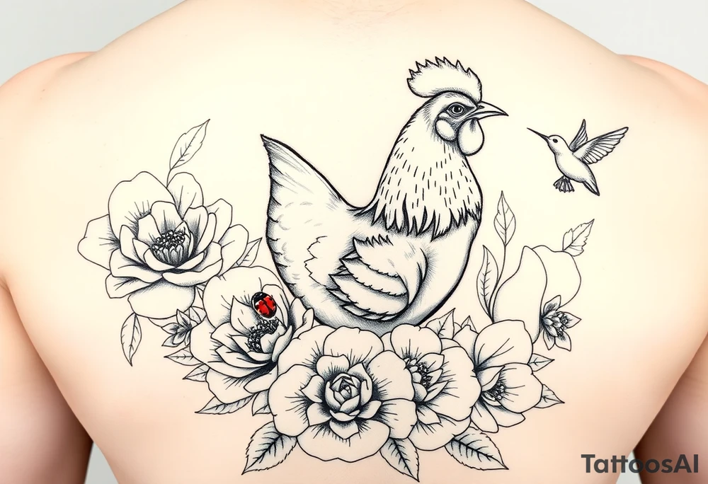 A chicken surrounded by peony , roses and hydrangeas with ladybug on flowers petal with hummingbird tattoo idea