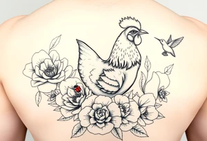A chicken surrounded by peony , roses and hydrangeas with ladybug on flowers petal with hummingbird tattoo idea