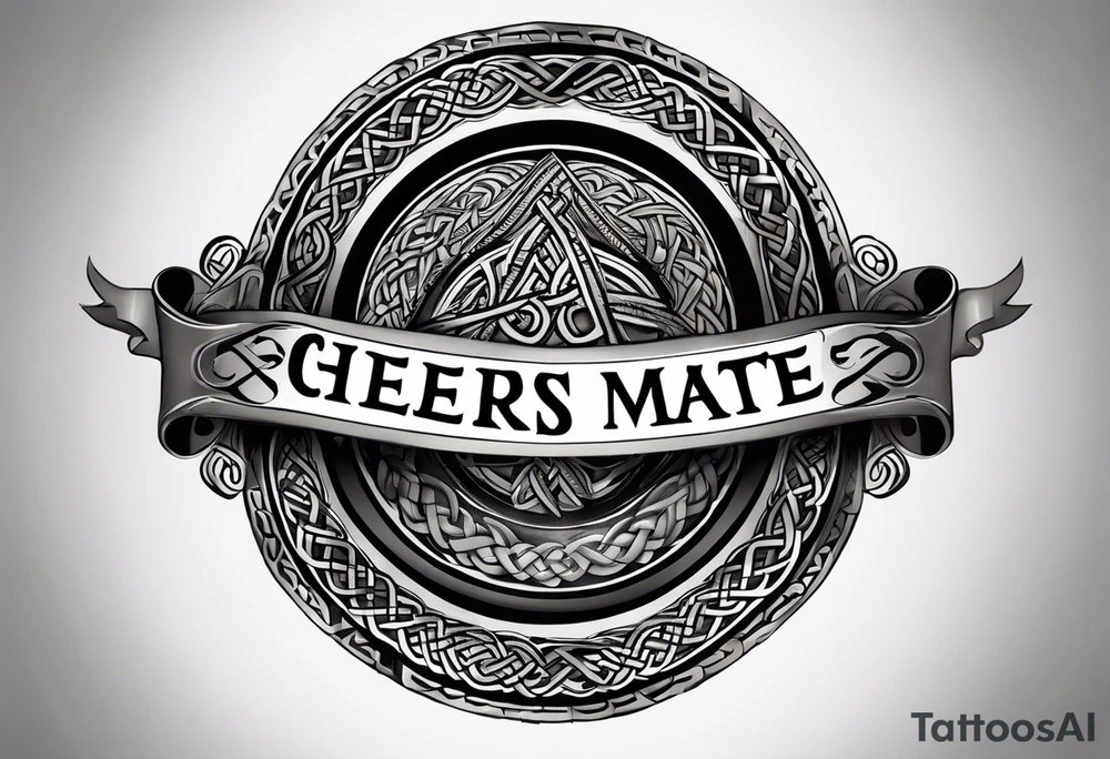 "Cheers Mate" text black and grey ink armband +Celtic +grey Cancer Ribbon +tribal +artistic tattoo idea