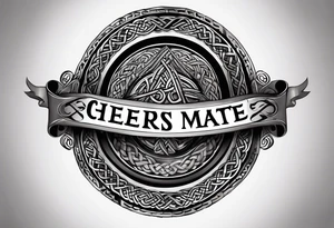 "Cheers Mate" text black and grey ink armband +Celtic +grey Cancer Ribbon +tribal +artistic tattoo idea