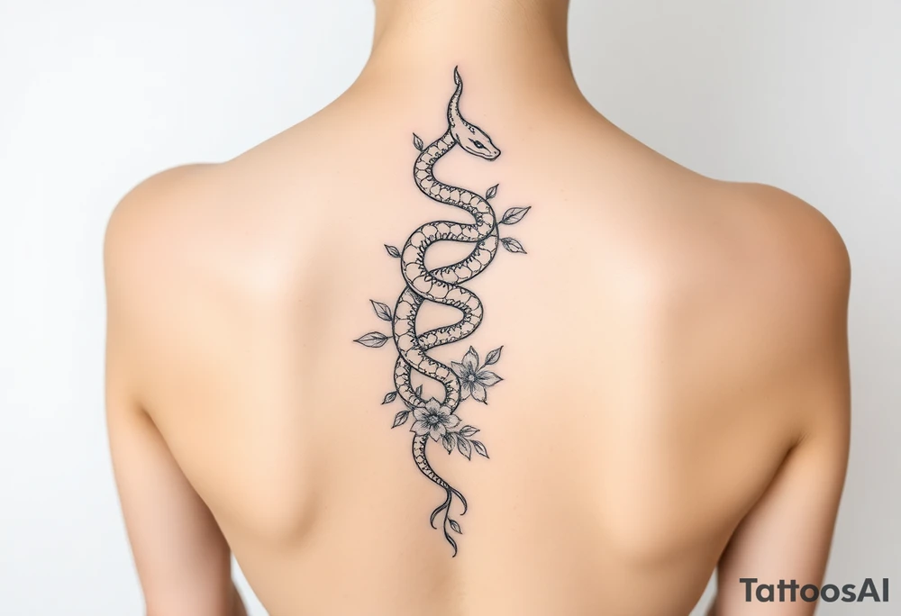 Snake wrapping around the spine with florals tattoo idea