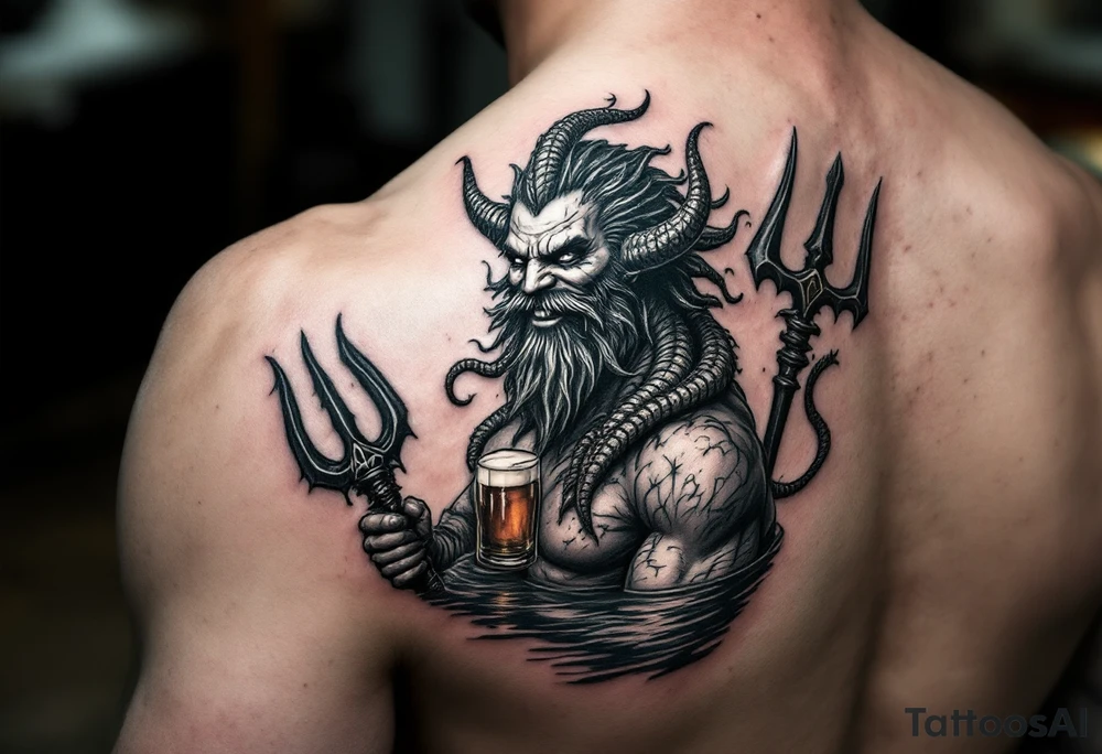 smiling poseidon, with a trident, in calm water, holding a beer tattoo idea