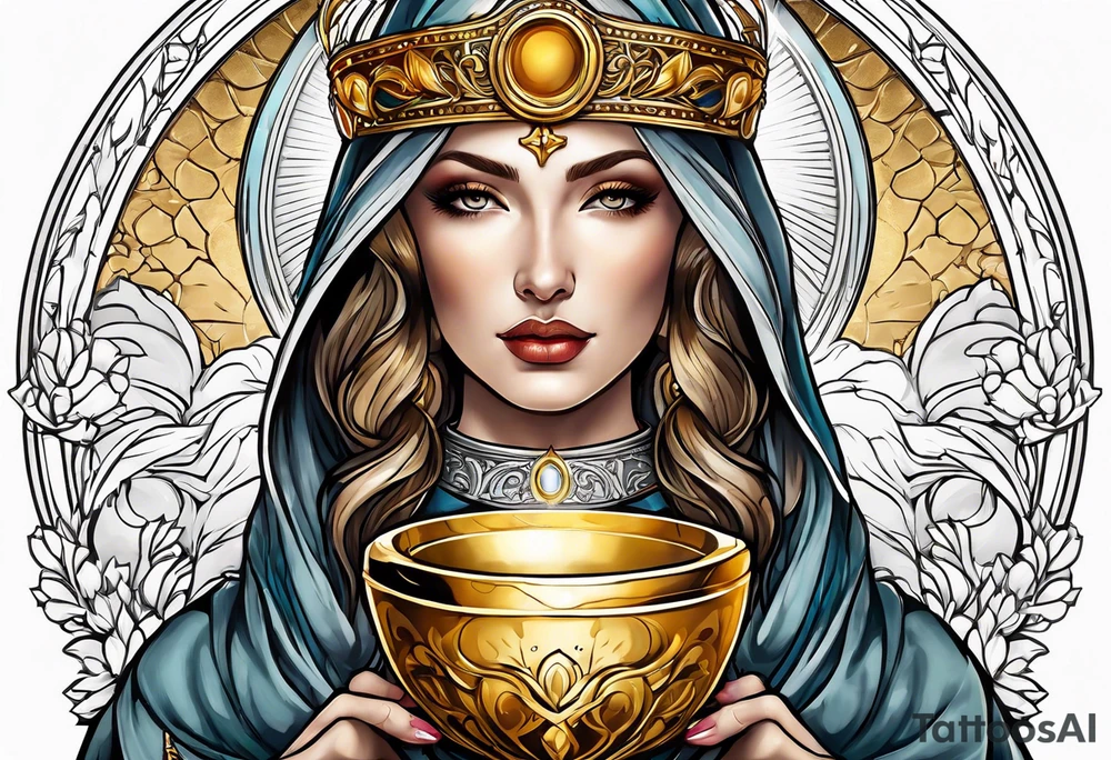 holy saint woman with golden halo holding a chalice tattoo idea