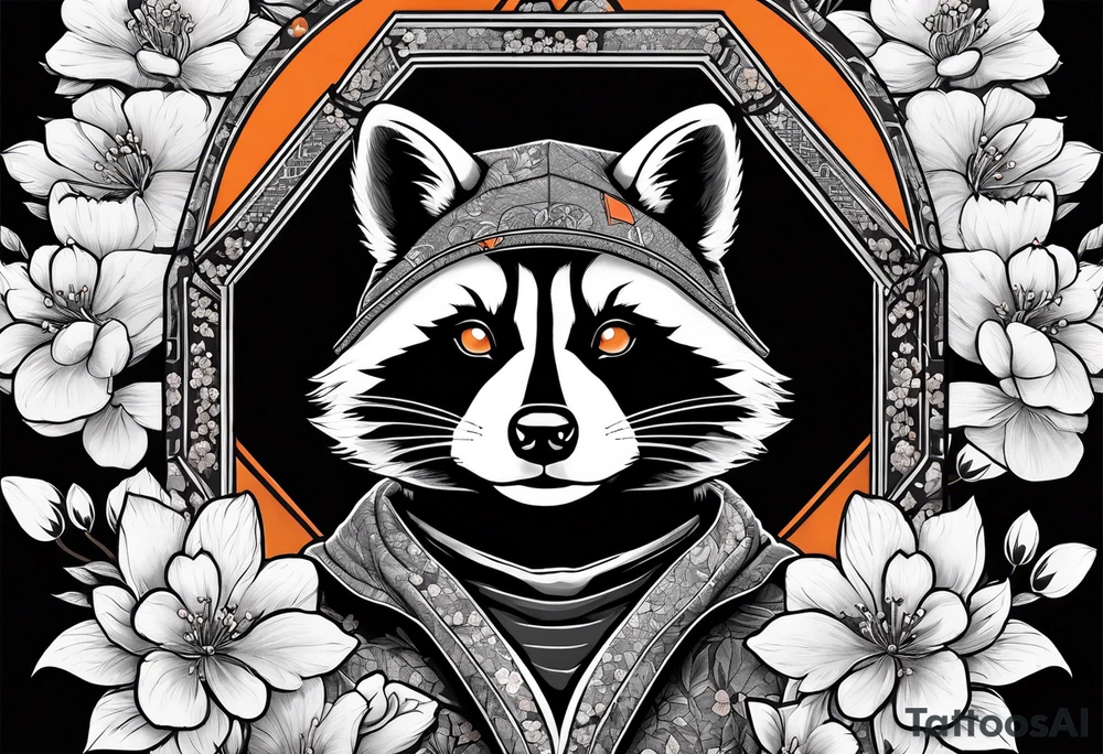 Raccoon wearing a white Superman logo on a black hoodie and orange Japanese cherry blossoms beside tattoo idea