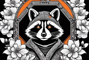 Raccoon wearing a white Superman logo on a black hoodie and orange Japanese cherry blossoms beside tattoo idea