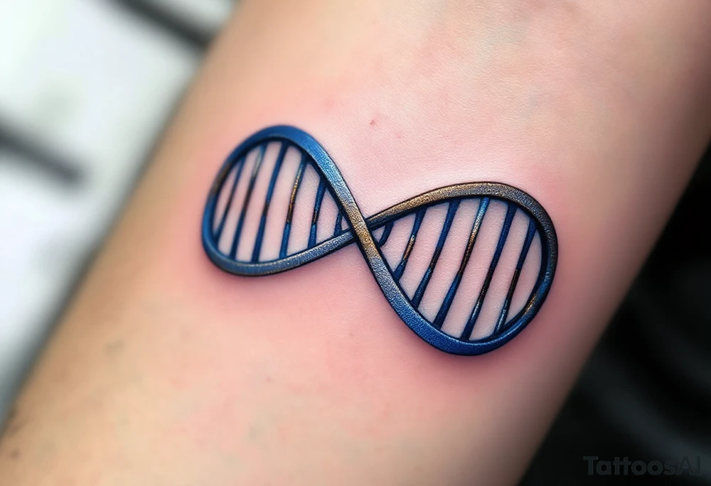 A DNA helix in the form of an infinity, in blue and silver, symbolizing life and legacy. tattoo idea