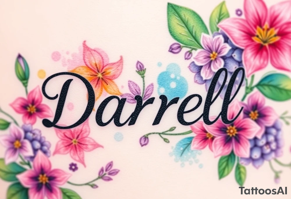 Bold colors, 1 inch font, "Darrell" with lots of whimsical background, add lots of flowers, more background of lilies, lilacs, lily of the valley, different colors, sizes and shapes tattoo idea