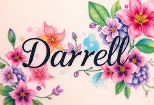 Bold colors, 1 inch font, "Darrell" with lots of whimsical background, add lots of flowers, more background of lilies, lilacs, lily of the valley, different colors, sizes and shapes tattoo idea