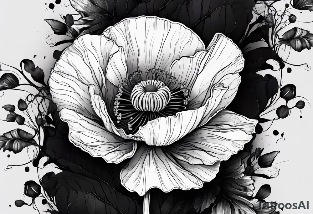 Poppy flower with the date 1/15/22 in Roman numerals tattoo idea