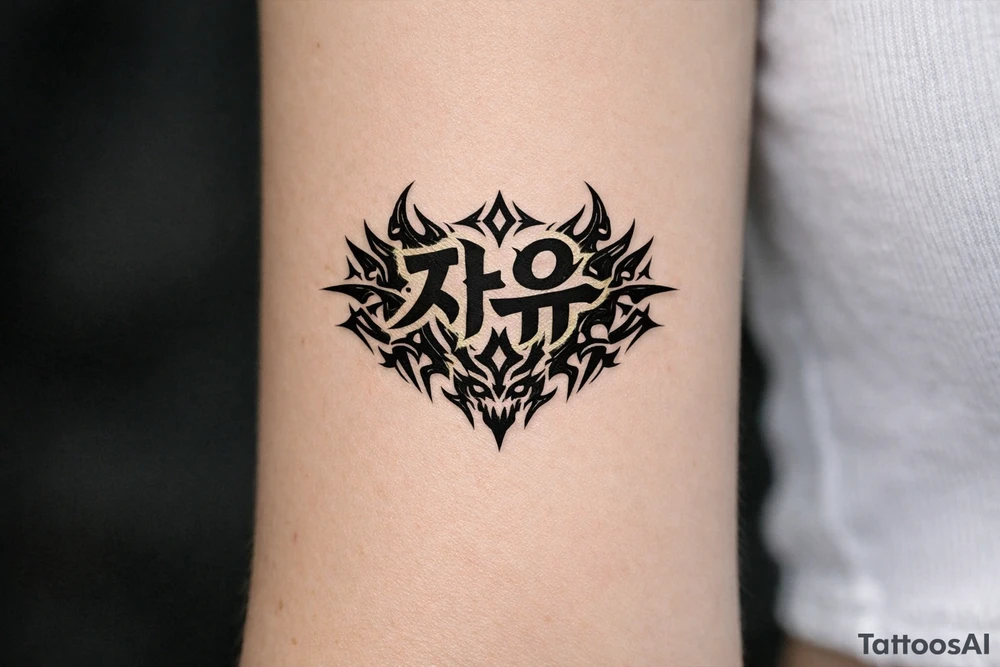 free written in korean with kpop demon hunters patterns, have it evoke the styling of korean writing and incorporate golden joinery less symetrical tattoo idea