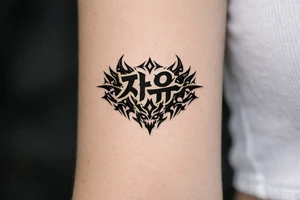 free written in korean with kpop demon hunters patterns, have it evoke the styling of korean writing and incorporate golden joinery less symetrical tattoo idea