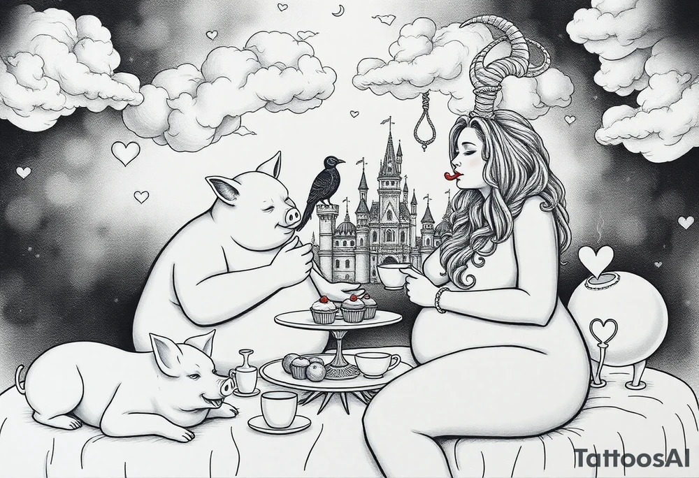 Naked Man and fat woman having sex eating cupcakes and  fruit  having sexy naked fat lady having a tea party with tea pots  swith fancy castle  
with mystical  a pigs, peacock,  lion, goat, noose and smoking cigerettes looking in the mirror thru storm clouds and broken hearts and darkness and wrath, envy , gluttony, greed, sloth, pride . Gothic tattoo idea