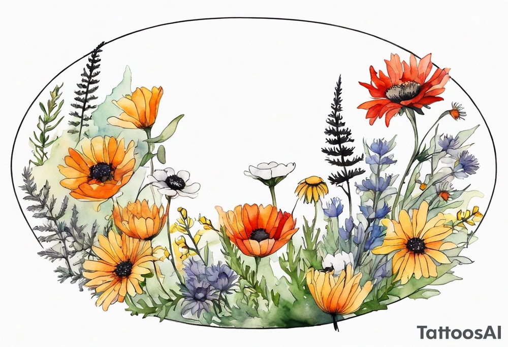 an oval of wildflowers cascading with thistles, ferns, white anemones, sun flowers, red flowers, black flowers, buttercups, orange flowers, babys breath and daisies all in watercolor tattoo idea