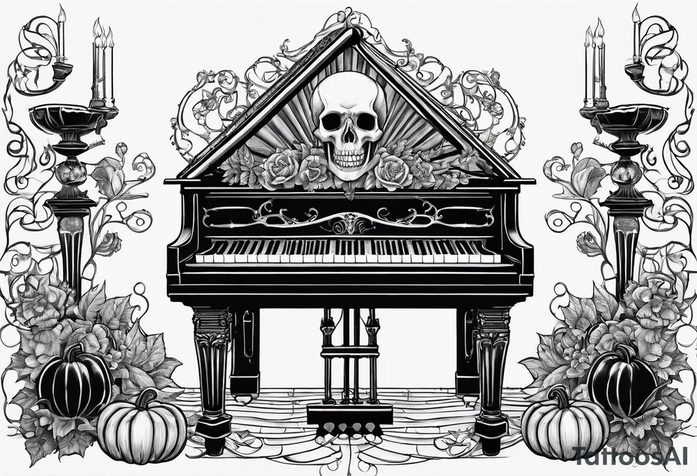 Skeleton playing a pumpkin grand piano with a candelabra sitting on the top in a cob webbed theater tattoo idea