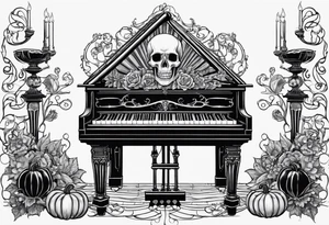 Skeleton playing a pumpkin grand piano with a candelabra sitting on the top in a cob webbed theater tattoo idea