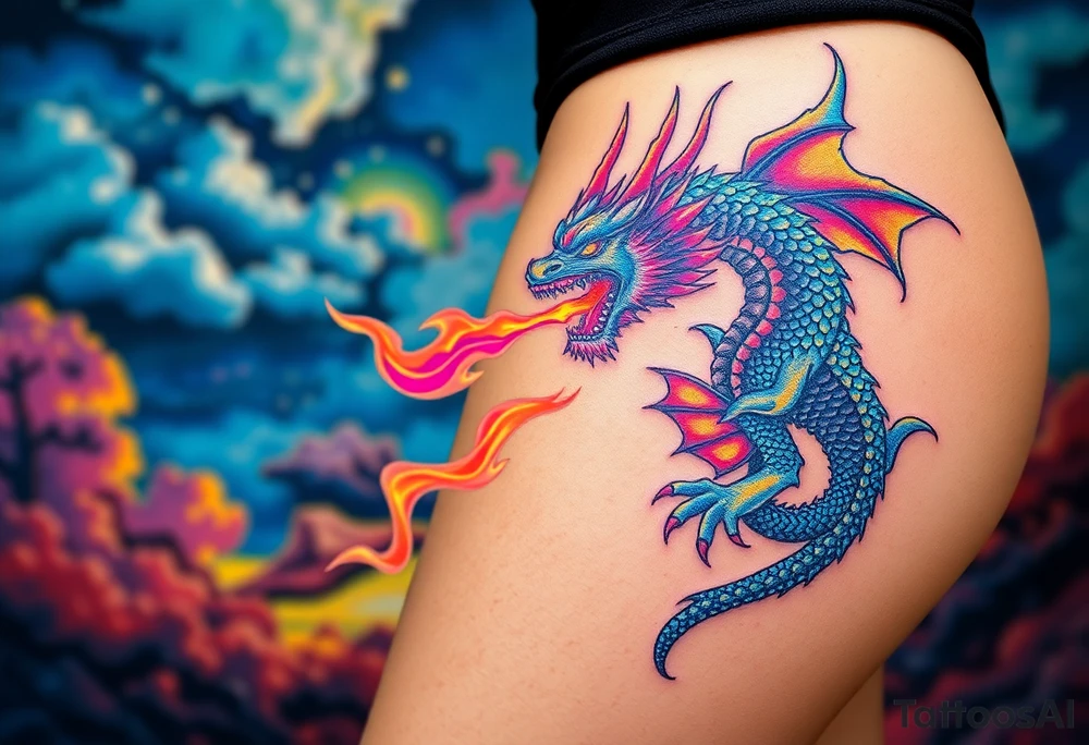fierce dragon breathing iridescent fire against stormy skies tattoo idea