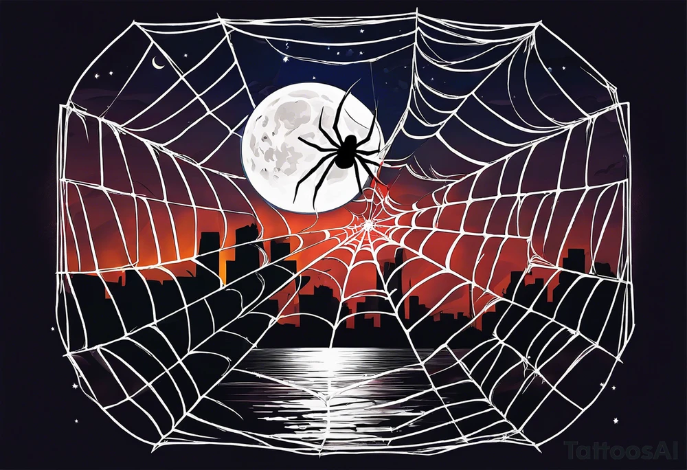 spider shooting web with his back connecting to  under moon not inside the moon tattoo idea