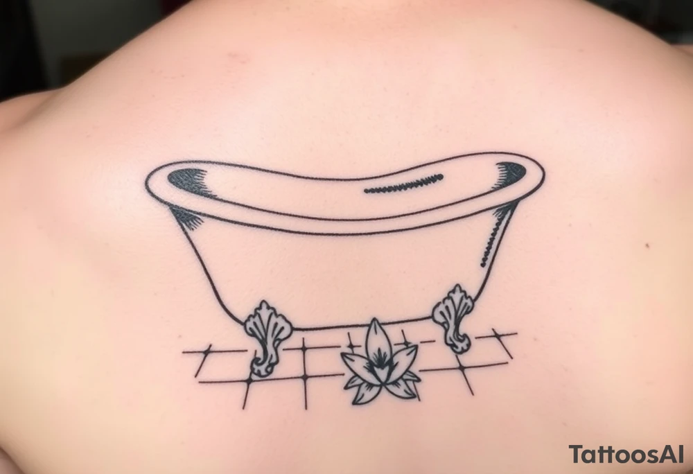 clawfoot bathtub with simple faucet and lily coming up out of the tile floor tattoo idea