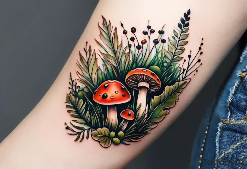 minimalistic forest floor inspired tattoo, which includes grass, moss, curly ferns and dead leaves as the bulk of the tattoo. details to include: forest berries, couple of very small brown mushrooms, a tiny bumblebee flying nearby tattoo idea