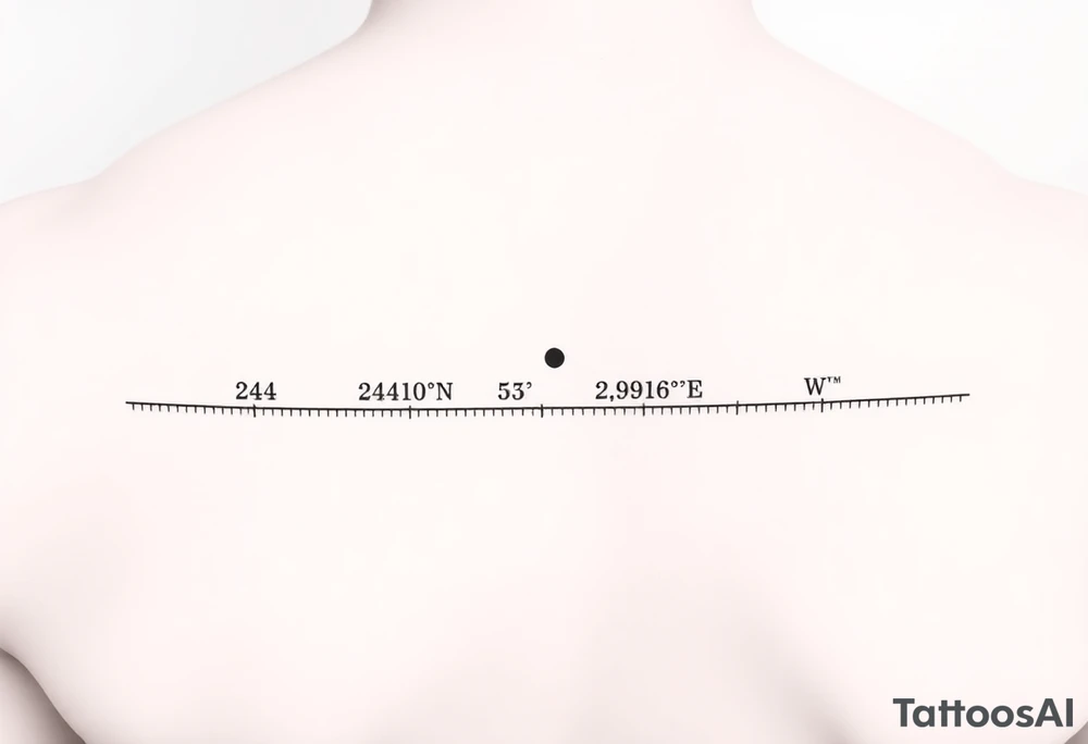 "24°10′N, 20°16′E". Below the second dot, write: "53.4084°N, 2.9916°W". Above each coordinate, place a small circle or marker dot to signify key points. Beneath the entire timeline, add a single row — ● — ●   ● —   ● — ●   — — —   ● — ● ●   ● ●   — ● ●   ● — tattoo idea