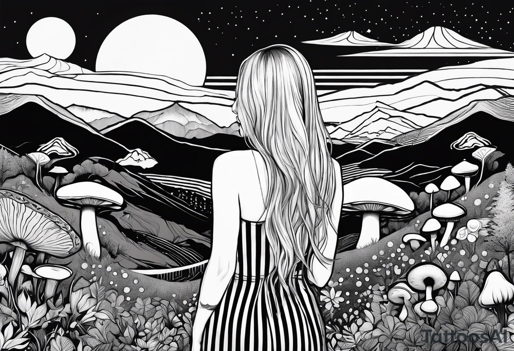 Straight blonde hair girl facing away toward mountains surrounded by mushrooms crescent moon circular design black and white striped dress tattoo idea
