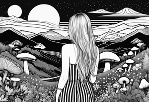 Straight blonde hair girl facing away toward mountains surrounded by mushrooms crescent moon circular design black and white striped dress tattoo idea