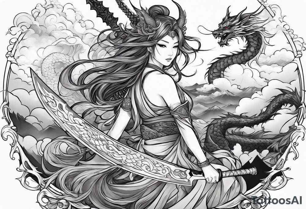 warrior beautiful fairy nymph with a full body with a sword and a full dragon with a mountain with clouds and a Japanese building background tattoo idea