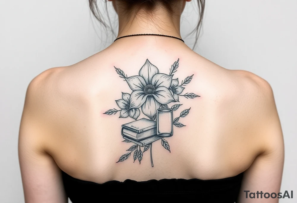 Flor de lótus, livros, vinhos, cafés, viagens e signo de gêmeos tudo junto tattoo idea