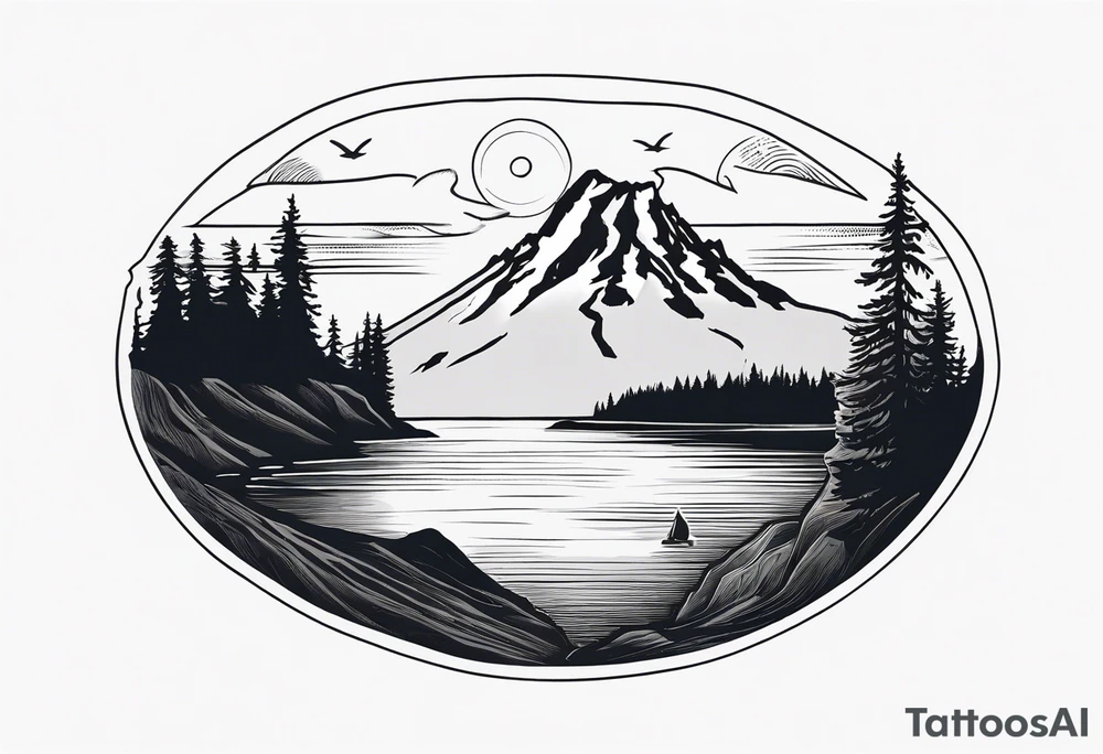 cardinal directions with haystack rock in the top left, mount hood in the top right, alsea falls in the bottom left, crater lake in the bottom right tattoo idea
