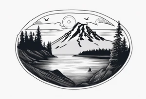 cardinal directions with haystack rock in the top left, mount hood in the top right, alsea falls in the bottom left, crater lake in the bottom right tattoo idea