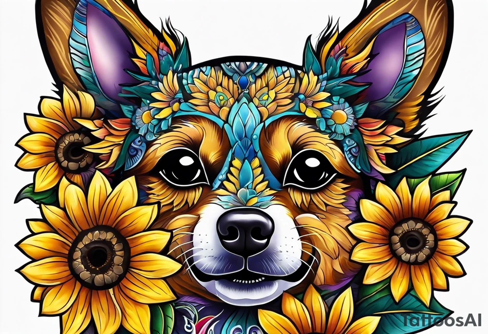 Alebrije pomchi face with sunflowers tattoo idea