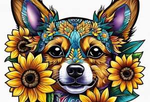 Alebrije pomchi face with sunflowers tattoo idea