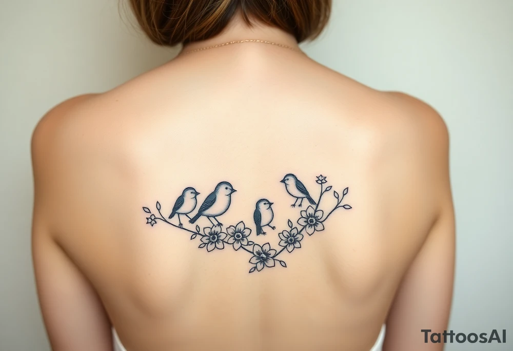Mom bird and three baby birds with flowers tattoo idea