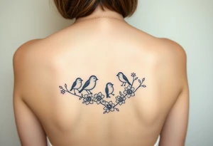 Mom bird and three baby birds with flowers tattoo idea