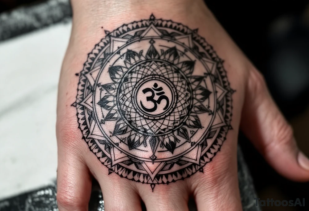 8 point wheel of Dharmachakra with an ohm symbol in the middle tattoo idea