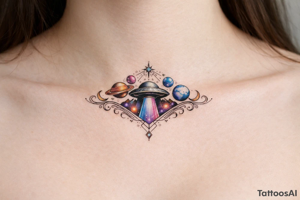 ufo under breast or space with planets tattoo idea