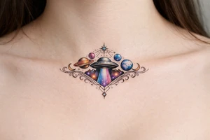 ufo under breast or space with planets tattoo idea