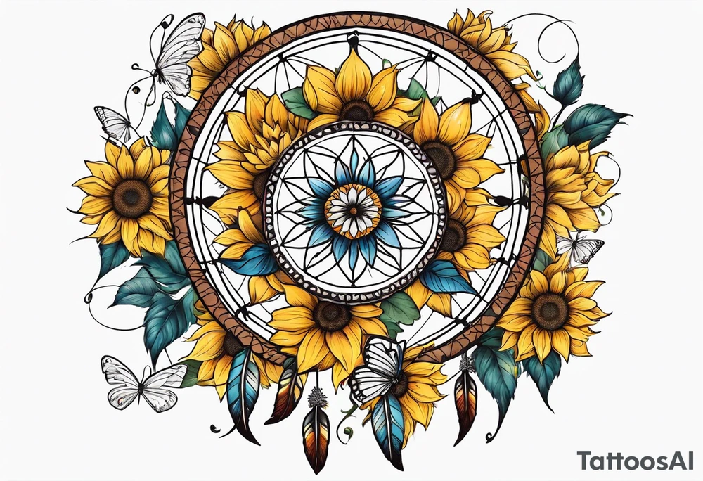 Dream catcher with sunflower in back ground with butterflies tattoo idea