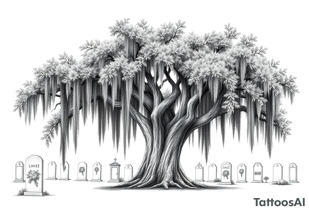 Laurel oak covered in Spanish moss in a cemetery tattoo idea