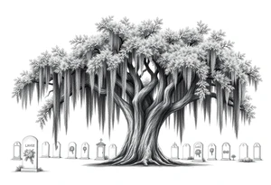 Laurel oak covered in Spanish moss in a cemetery tattoo idea