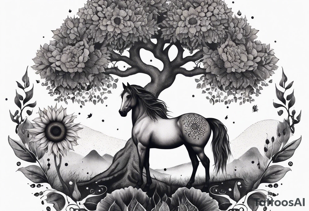 Yggdrasil tree, horse, sunflower tattoo idea