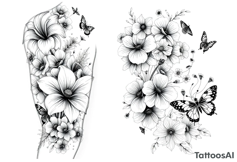 Calia Lily, rose, gadiolus, carnation,Narcissus,poppy, aster, violet ,chrysanthemum, lily of the valley and water lily sleeve on upper arm and shoulder  with butterfly and bumblebees and dragonflies on skin tattoo idea