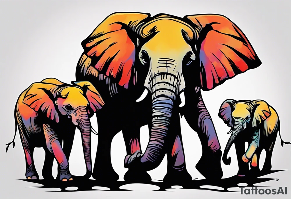 family of 6 elephants walking into sunset tattoo idea